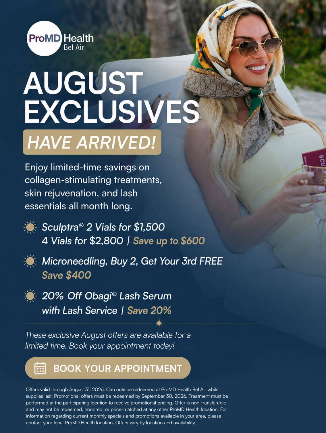 Image promoting ProMD Bel Air's August specials on medical aesthetic and wellness treatments