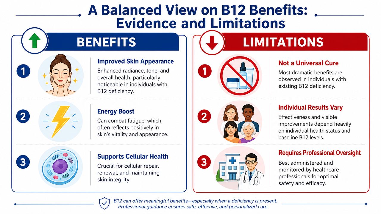 An infographic titled A Balanced View on B12 Benefits, comparing benefits and limitations for skin health.