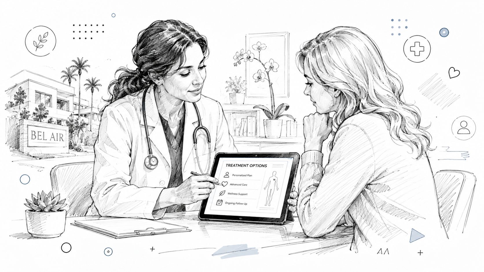 A doctor showing treatment options on a tablet to a patient during a medical consultation.