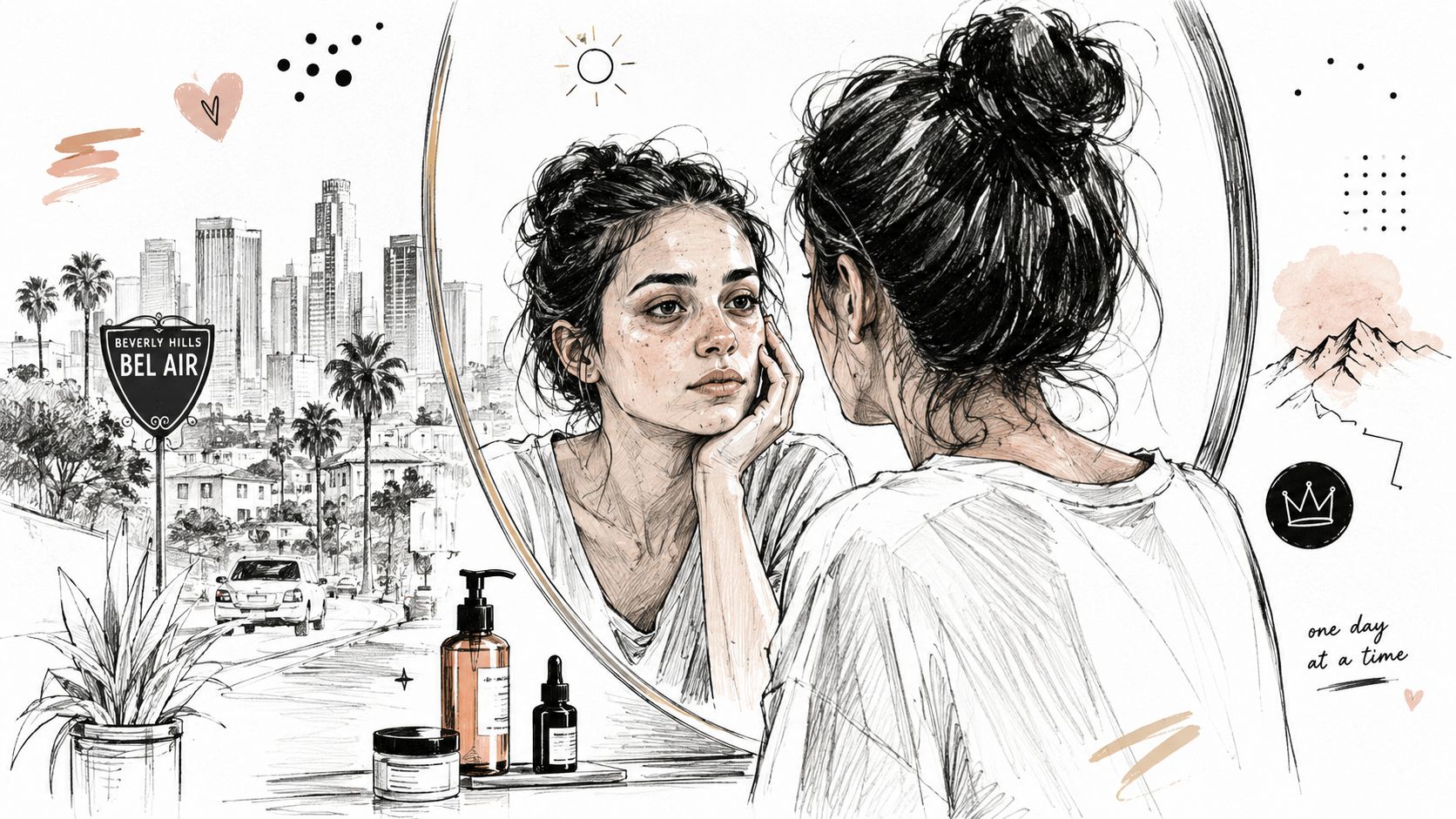 A pencil sketch of a woman reflecting in a mirror with skincare products and city background.