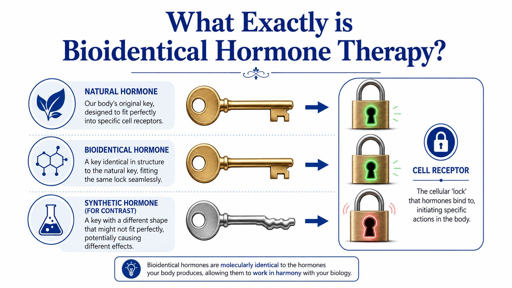 A diagram comparing natural, bioidentical, and synthetic hormones using a lock and key analogy for cell receptors.