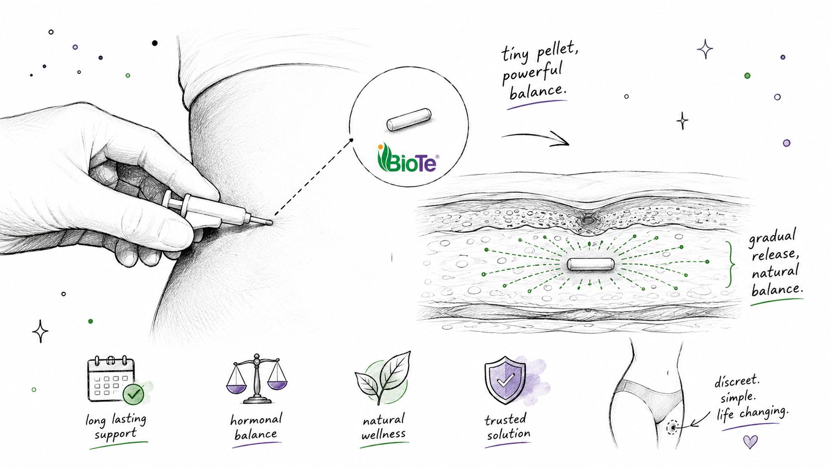 A diagram illustrating the insertion and benefits of a BioTe pellet for natural hormone balance and support.