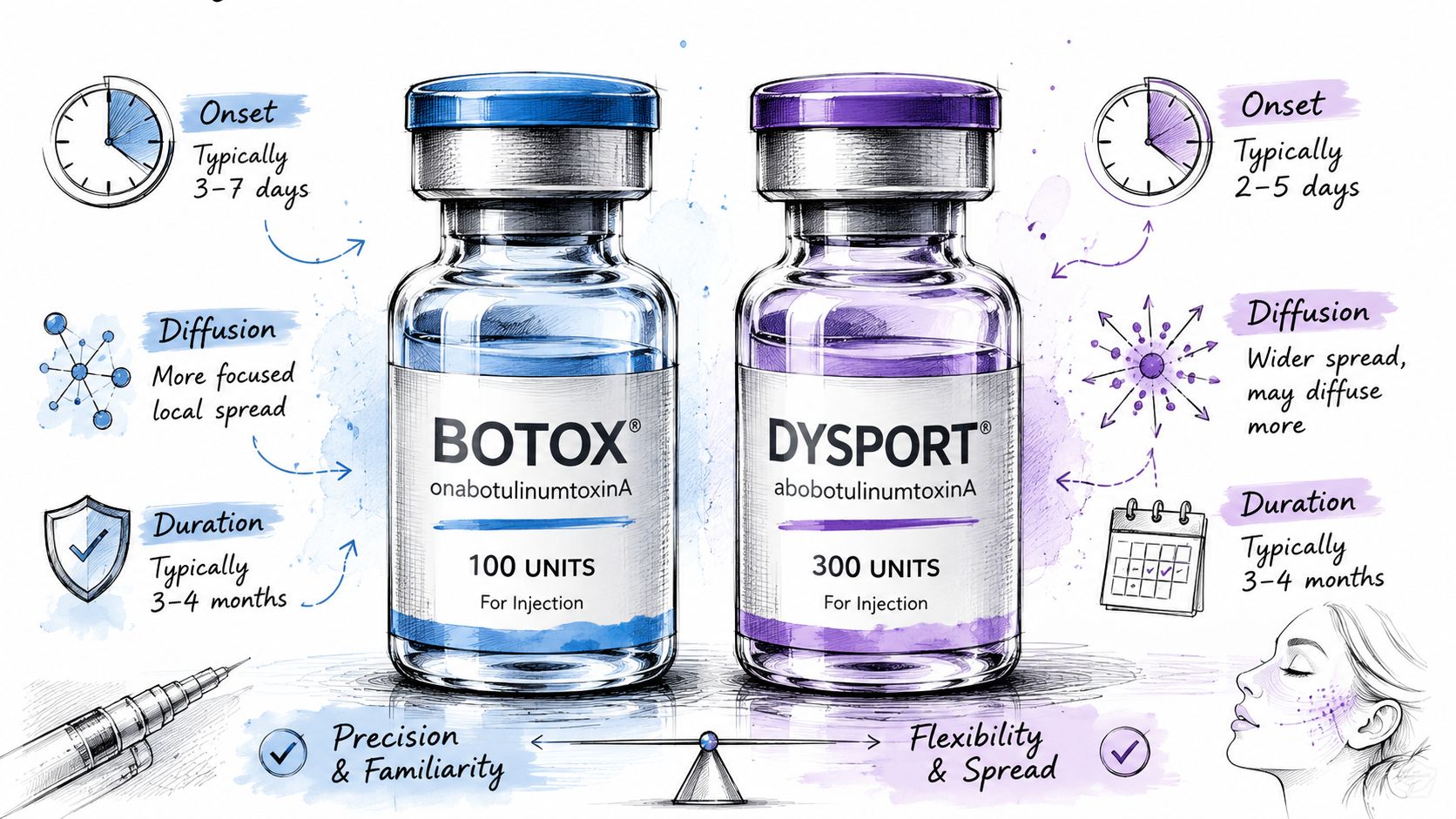 A comparative infographic showing key differences between Botox and Dysport medical injectables for cosmetic procedures.