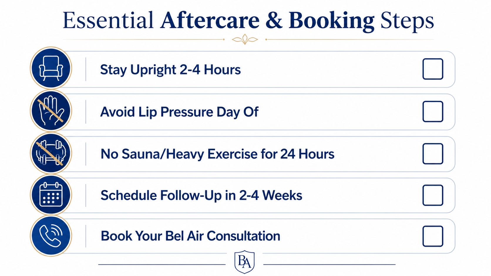 A checklist of essential aftercare instructions and booking steps for patients following a cosmetic medical procedure.