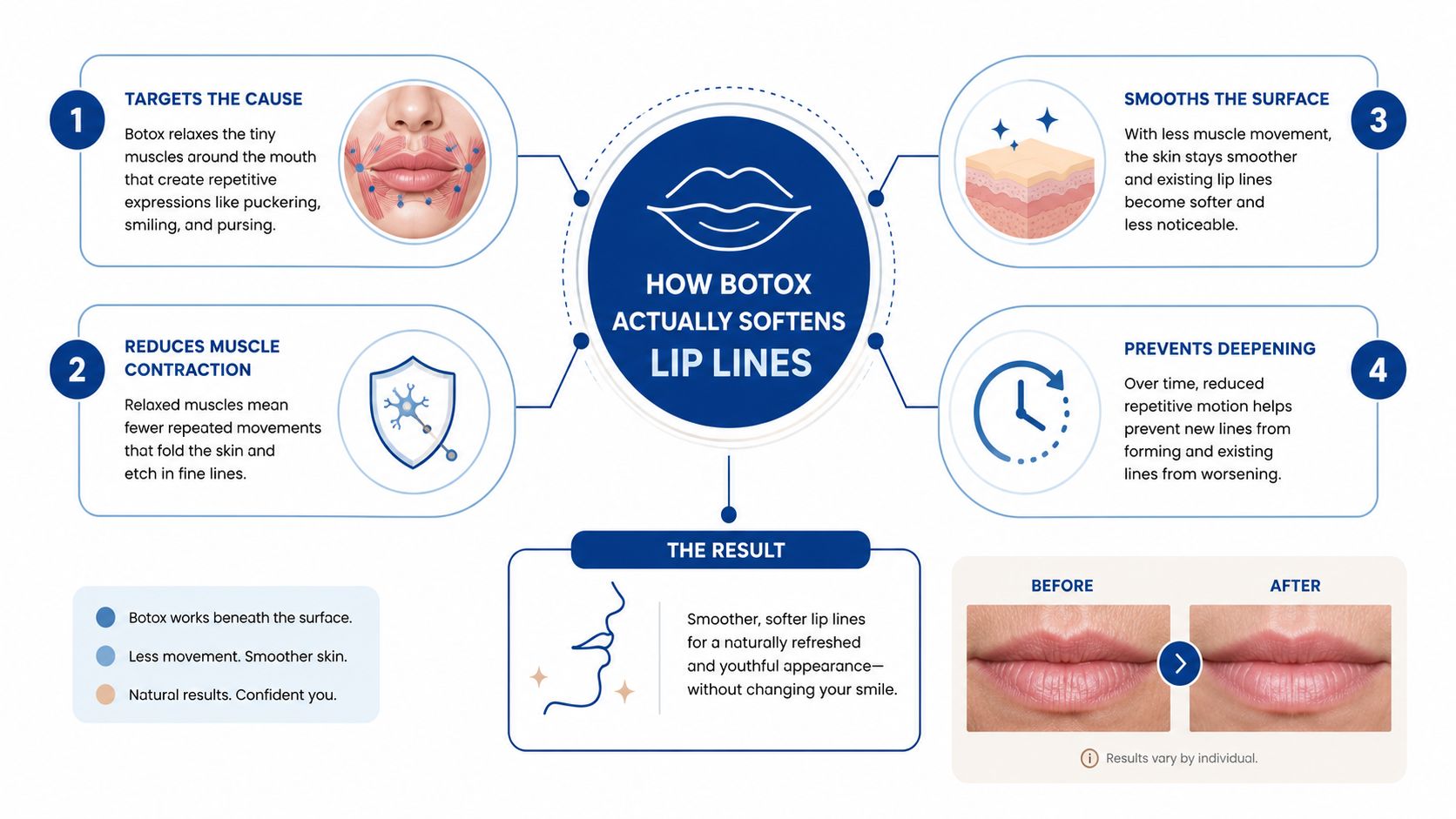 An infographic explaining how Botox injections soften and reduce lip lines through targeted muscle relaxation.