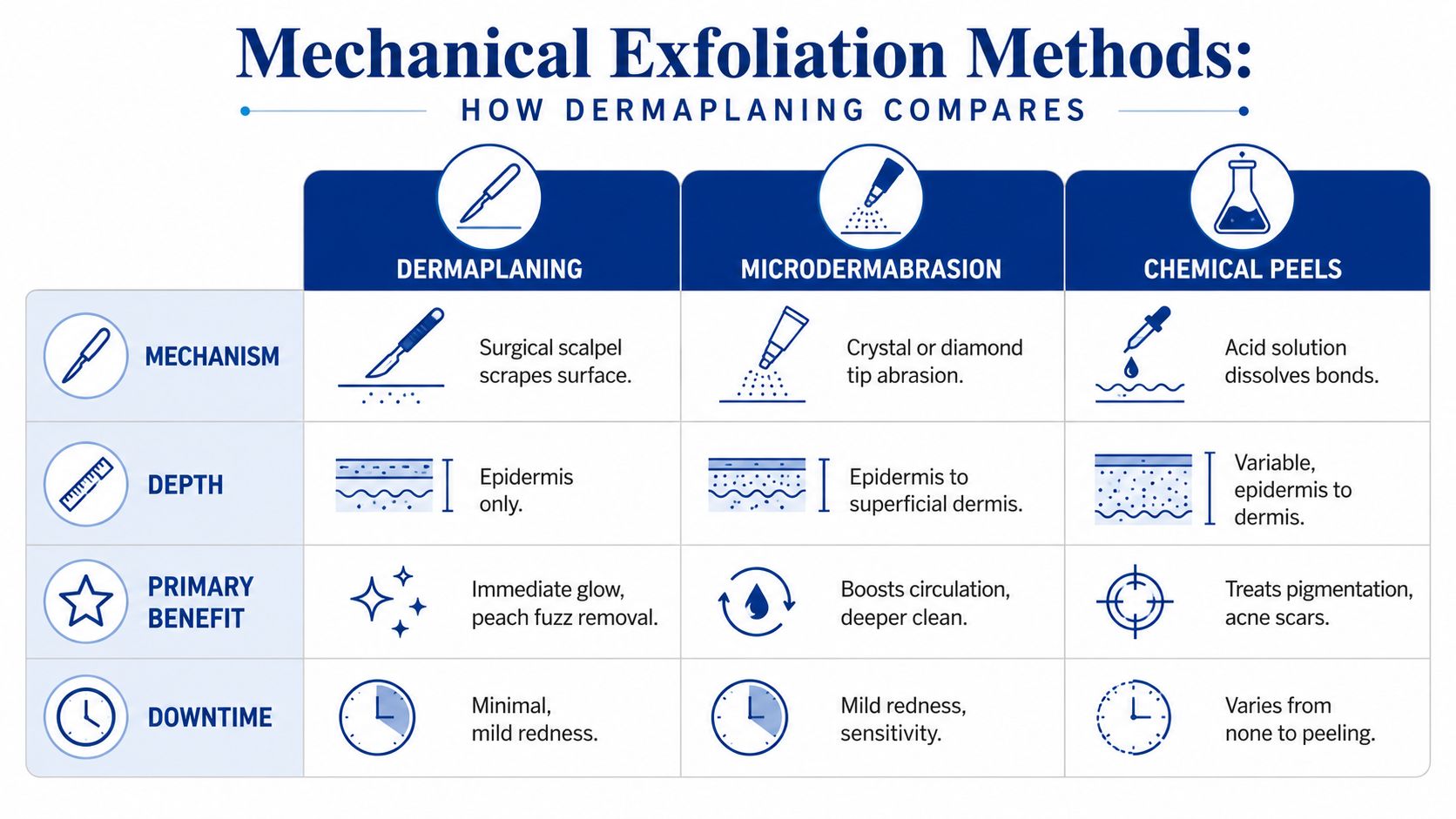 A comparison chart showing mechanical exfoliation methods including dermaplaning, microdermabrasion, and chemical peels with their respective features.
