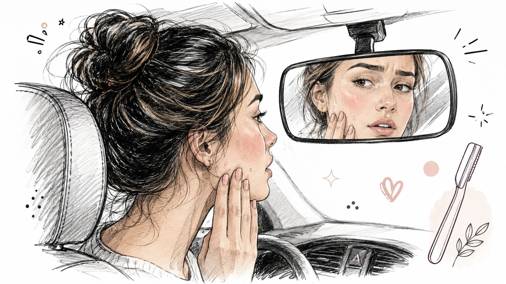 A hand-drawn illustration of a woman checking her skin in a car rearview mirror after dermaplaning.