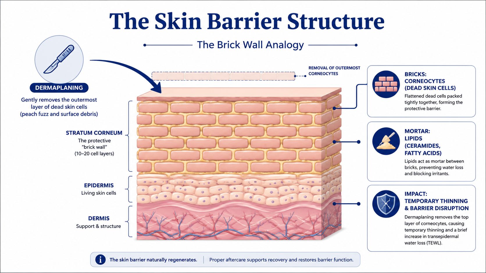A diagram illustrating the skin barrier structure comparing corneo-cytes to bricks and lipids to mortar during dermaplaning.