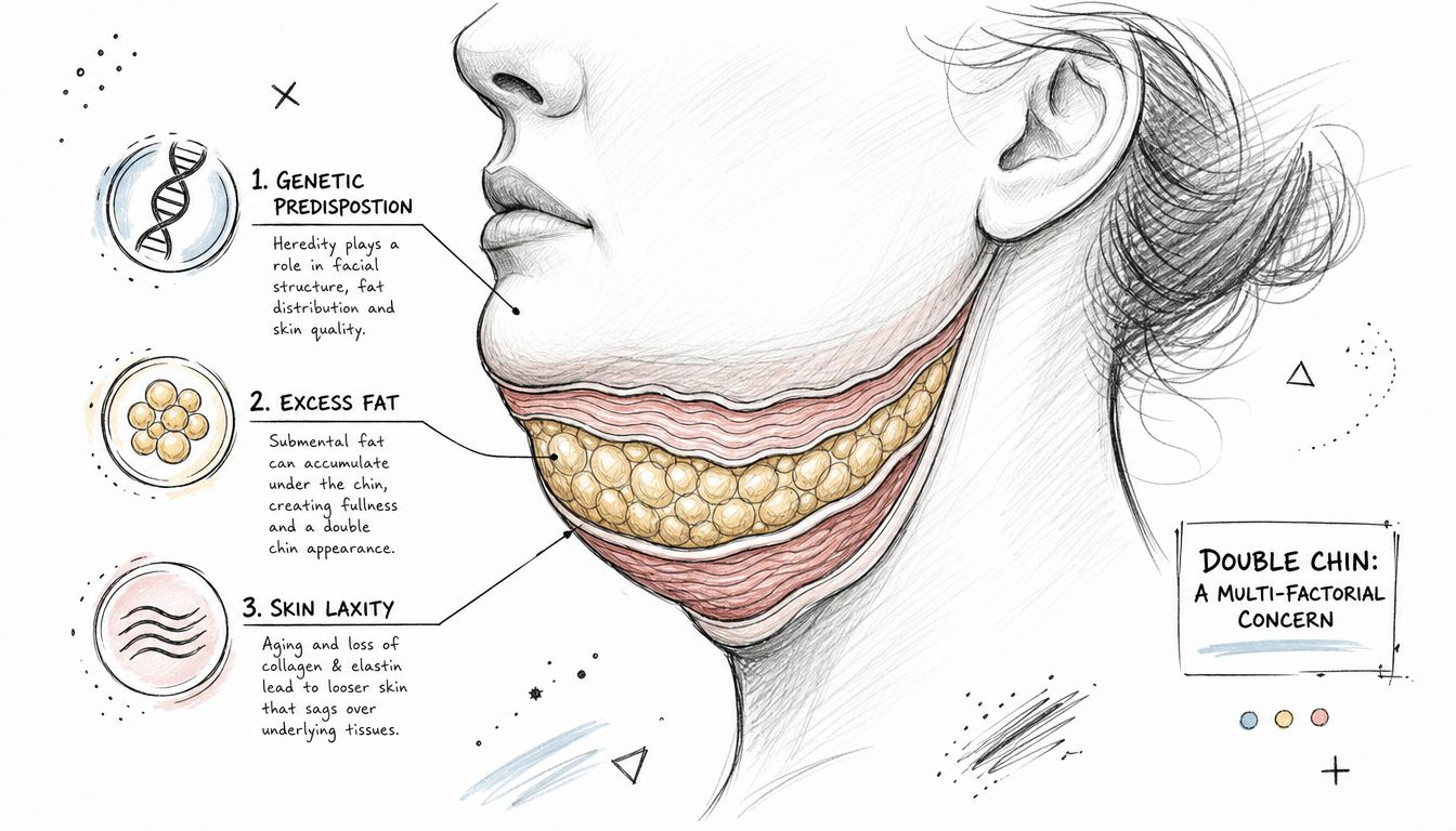 An anatomical illustration showing the three primary causes of a double chin: genetics, fat, and skin laxity.