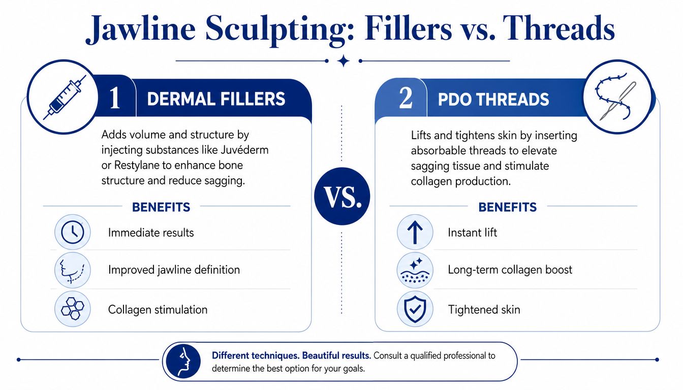A comparison infographic between dermal fillers and PDO threads for jawline sculpting and facial rejuvenation treatments.
