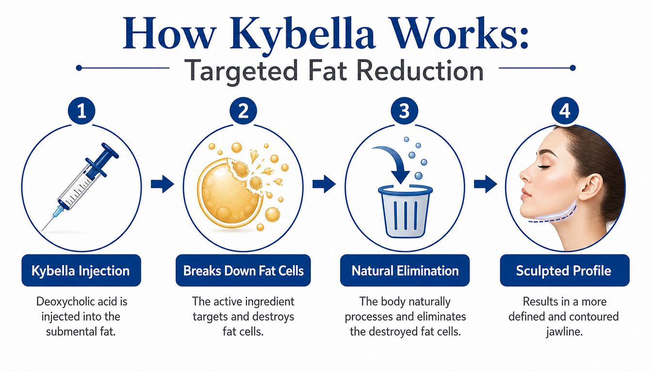 A four-step infographic explaining how Kybella injections target and remove submental fat for a sculpted profile.
