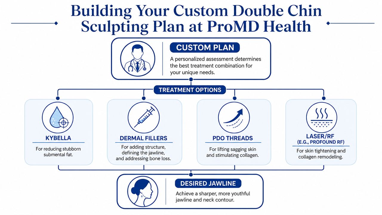 A flowchart showing various double chin sculpting treatment options offered at ProMD Health for jawline enhancement.