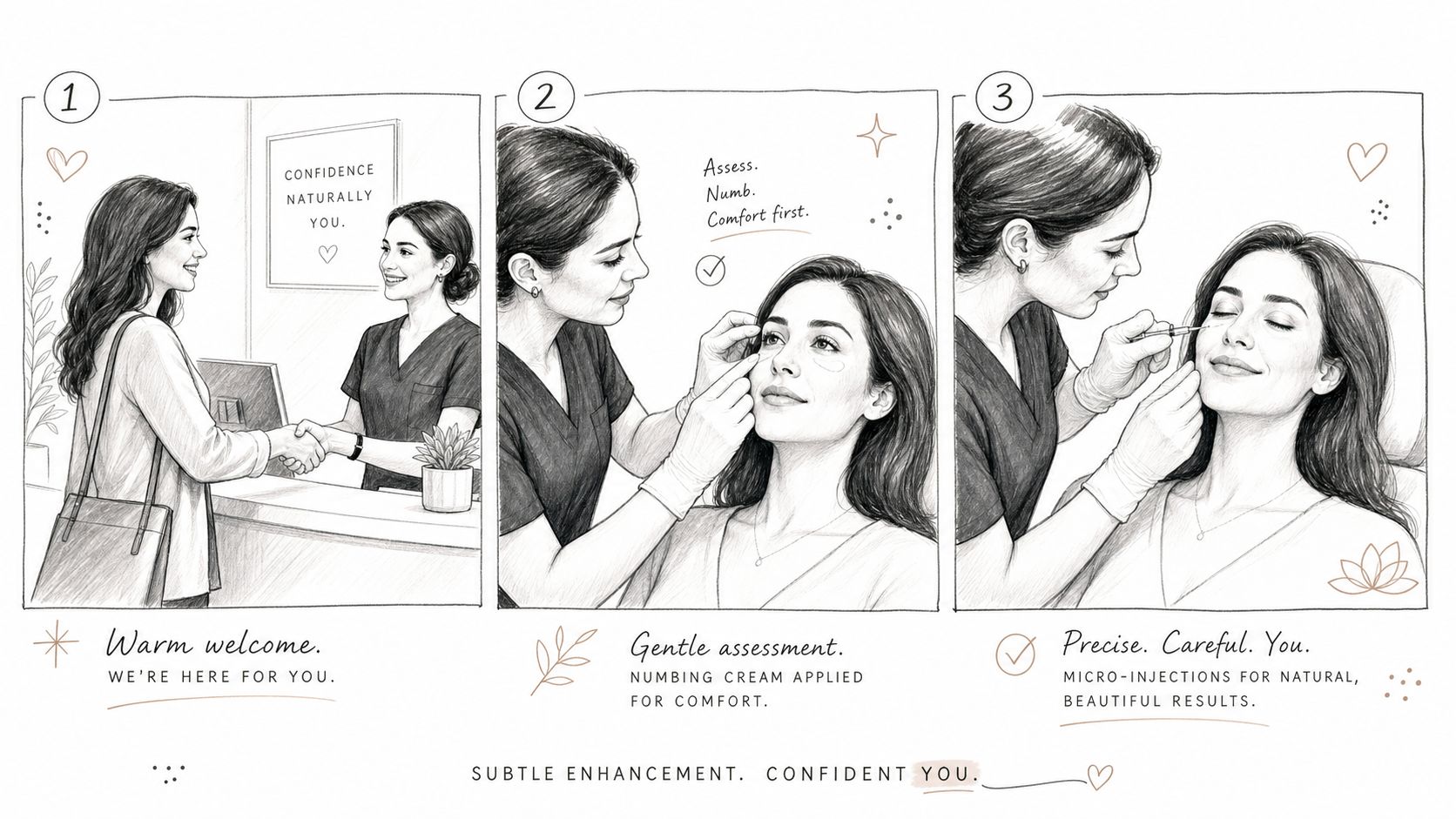 A three-step illustration showing a patient visiting a cosmetic clinic for a professional under-eye treatment process.