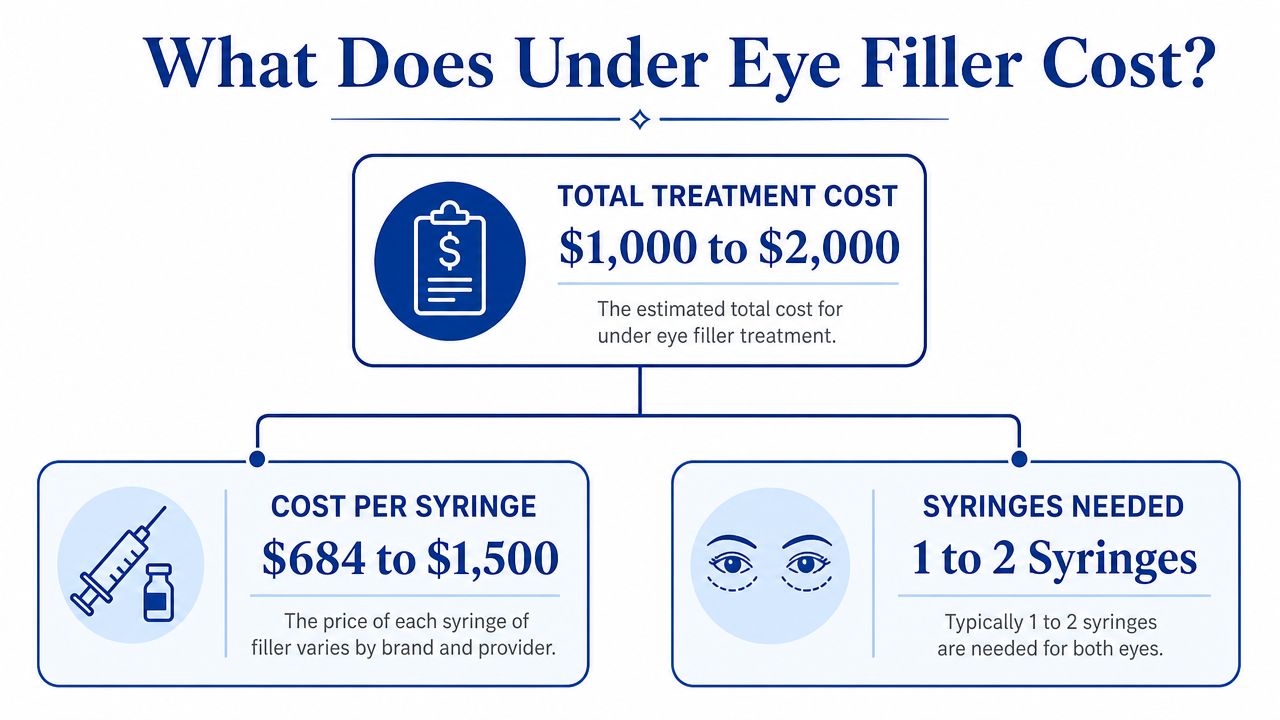 An infographic showing the estimated cost of under eye filler treatments, including syringe and quantity pricing.