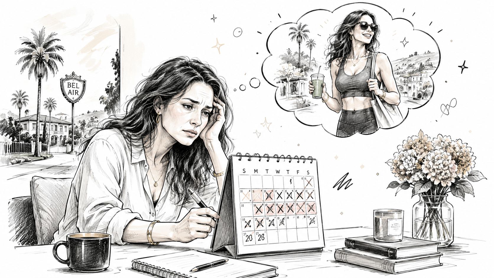 A stressed woman looks at her calendar while daydreaming of a healthy, active lifestyle in Bel Air.