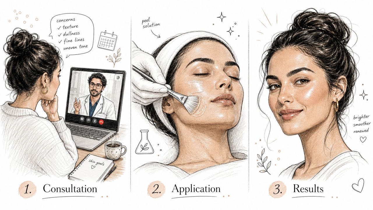 A three-step illustration showing a virtual dermatology consultation, the application of a facial peel, and final glowing results.