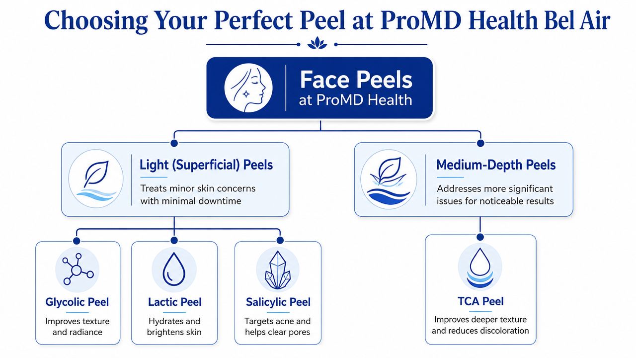 A diagram outlining different types of cosmetic face peels available at ProMD Health Bel Air clinic.