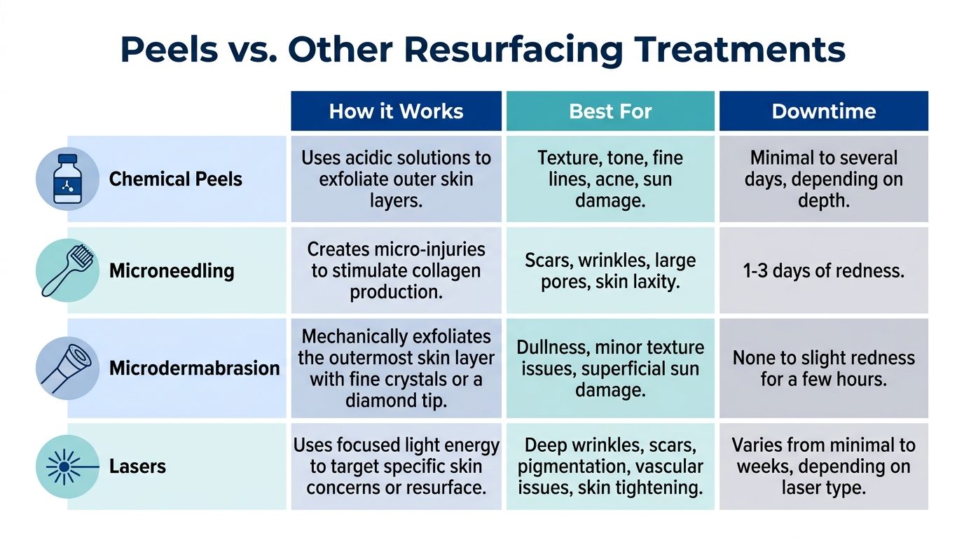 A comparison chart outlining how chemical peels, microneedling, microdermabrasion, and lasers work, their benefits, and recovery times.