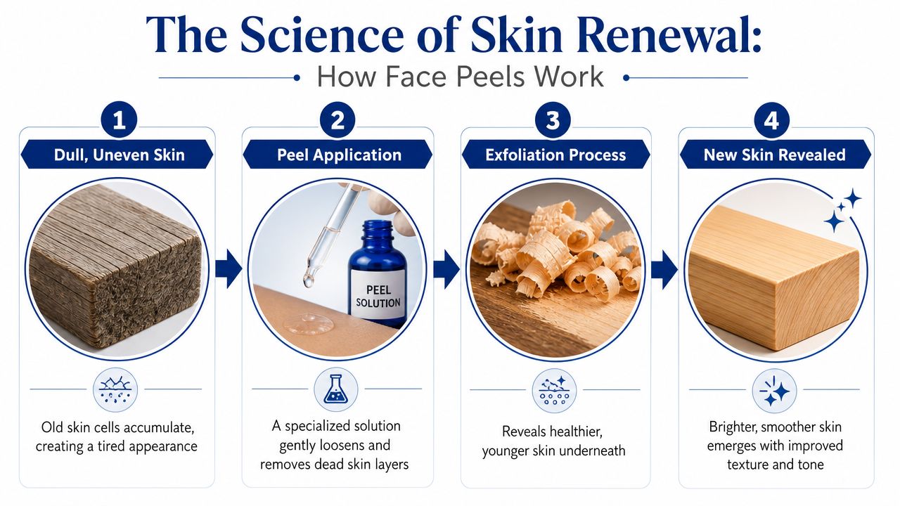 A four-step infographic illustrating how chemical face peels renew skin using a wooden block analogy.