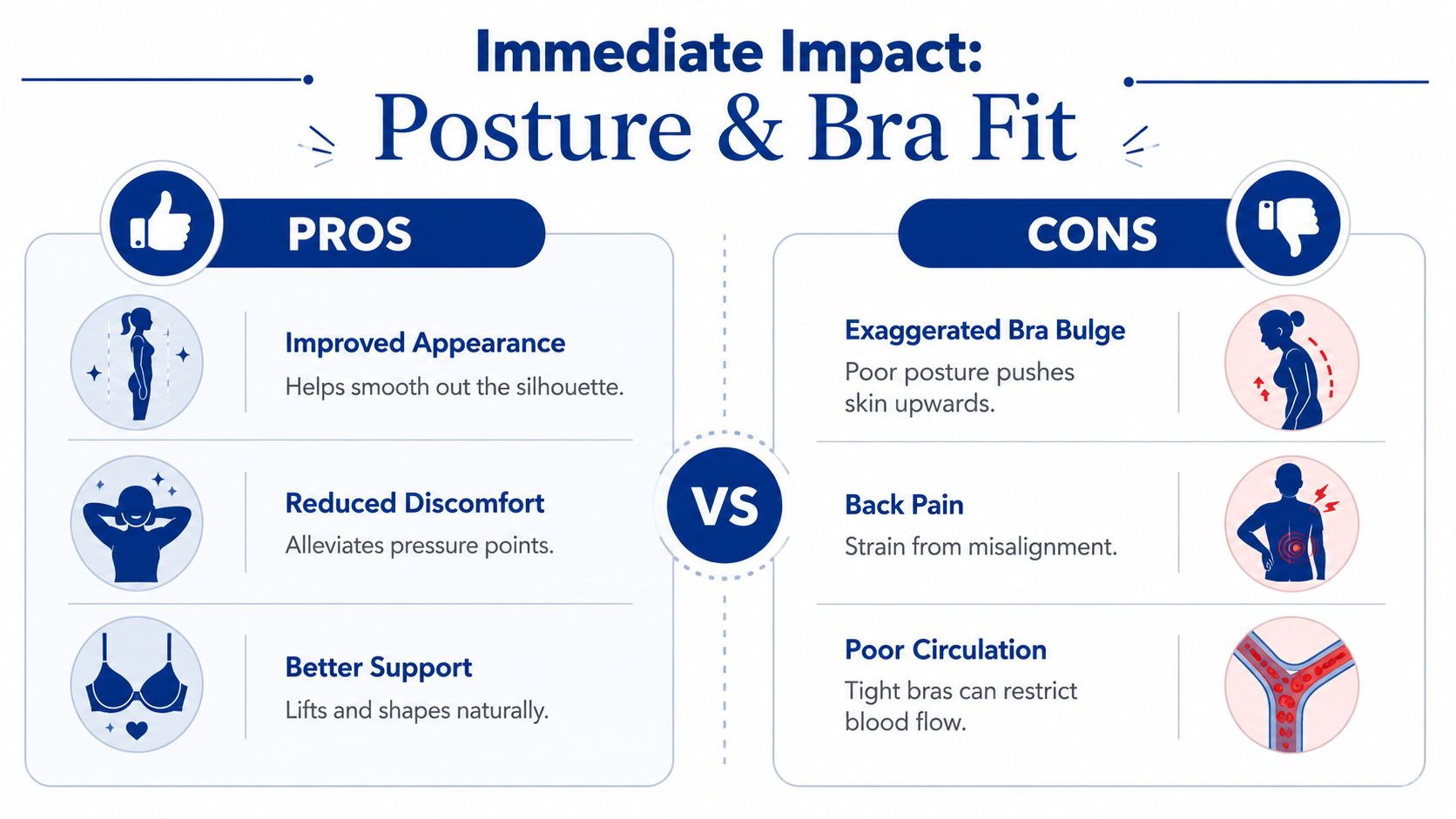 An infographic comparing the pros and cons of posture and bra fit for overall comfort and appearance.