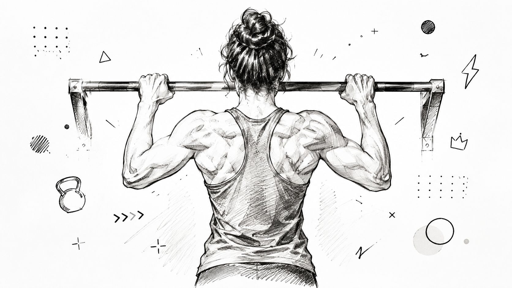 A sketched illustration of a fit woman performing a pull-up, highlighting toned back muscles for fitness.