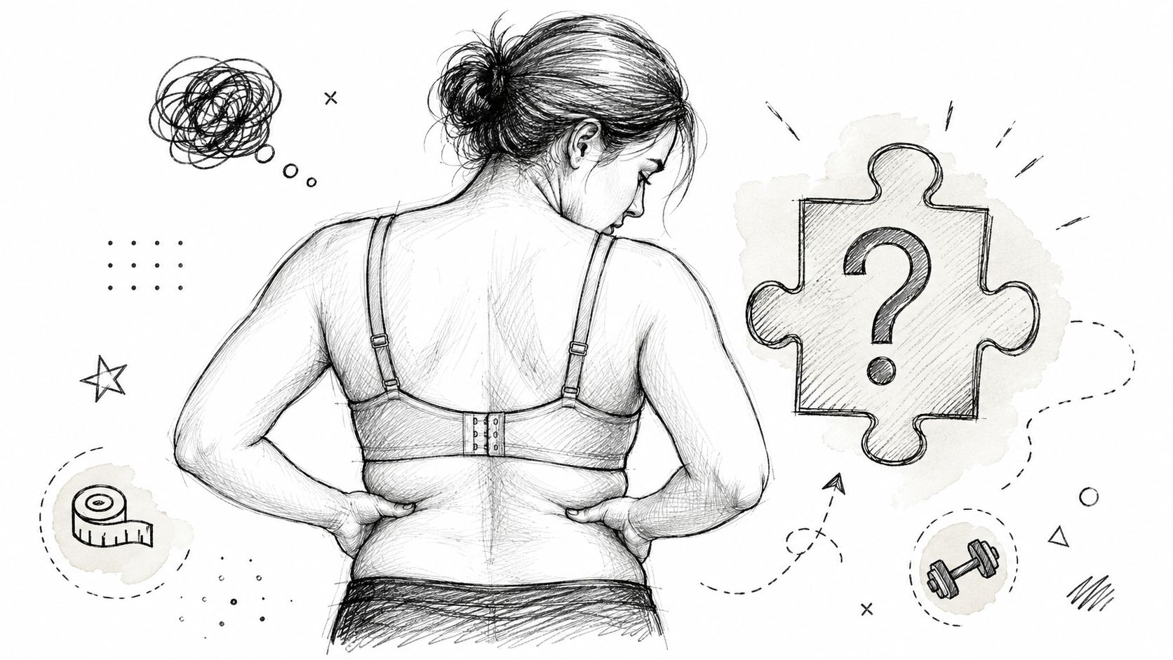 A pencil sketch of a woman standing with her hands on her waist, contemplating bra fat.