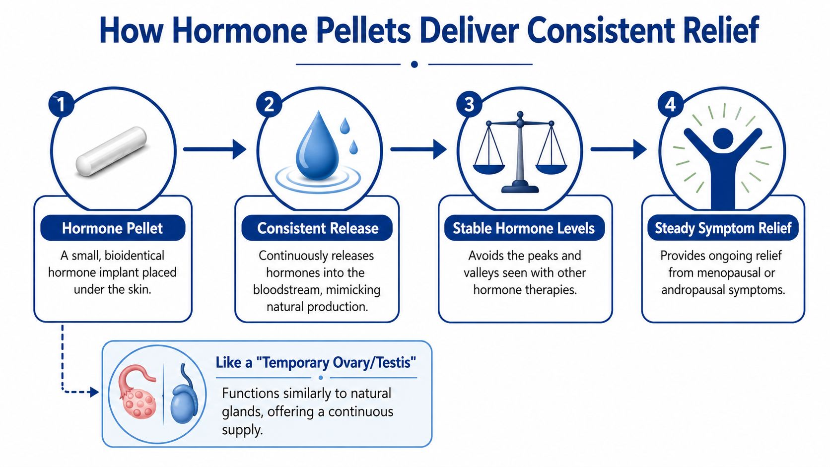 A four-step infographic illustrating how hormone pellets work to provide stable and consistent symptom relief.