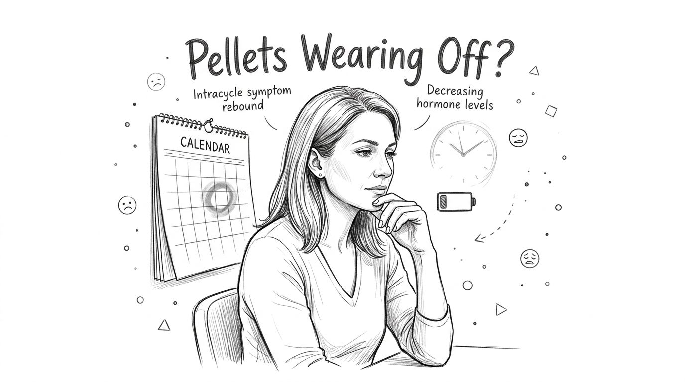 A line-art illustration of a woman thinking about hormone pellet effectiveness, represented by a calendar and clock.