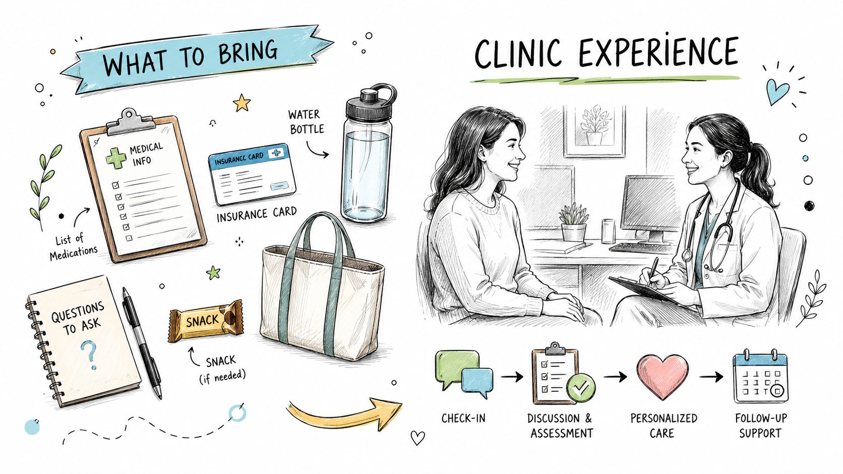 A hand-drawn illustration showing what to bring to a clinic and steps of the patient experience.
