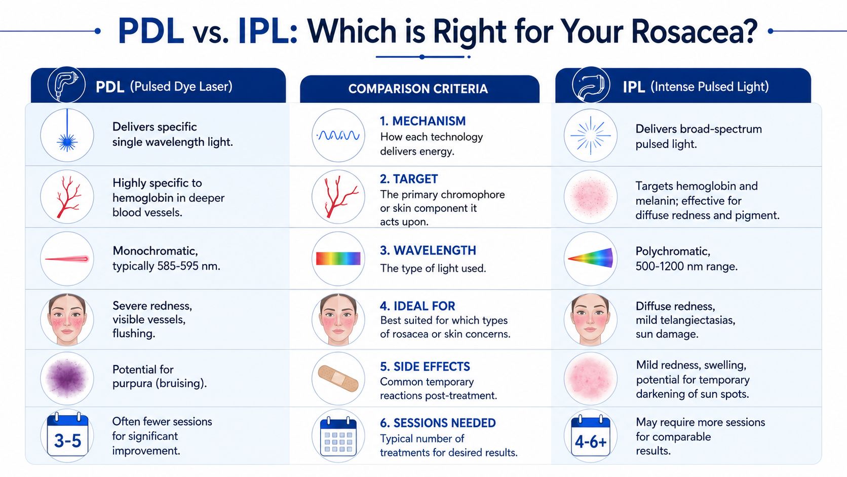 A comparison chart explaining the differences between PDL and IPL laser treatments for rosacea skin conditions.
