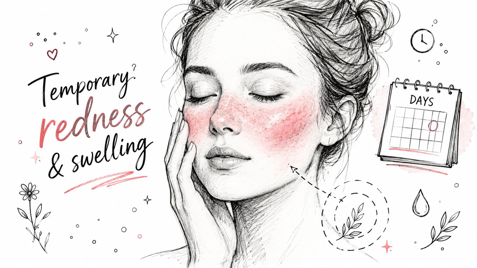 A pencil sketch of a woman with temporary facial redness and swelling, illustrating skin recovery concepts.