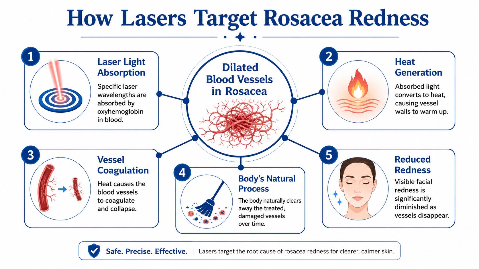 An infographic illustration showing the five-step process of how laser treatment reduces facial rosacea redness.