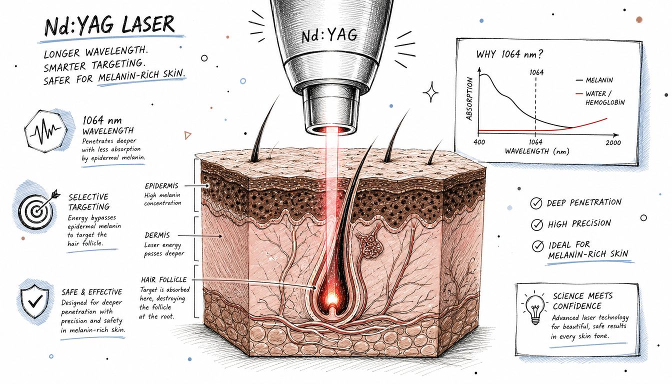 An infographic illustrating how Nd:YAG laser technology penetrates deeper skin layers to safely treat hair follicles in melanin-rich skin.