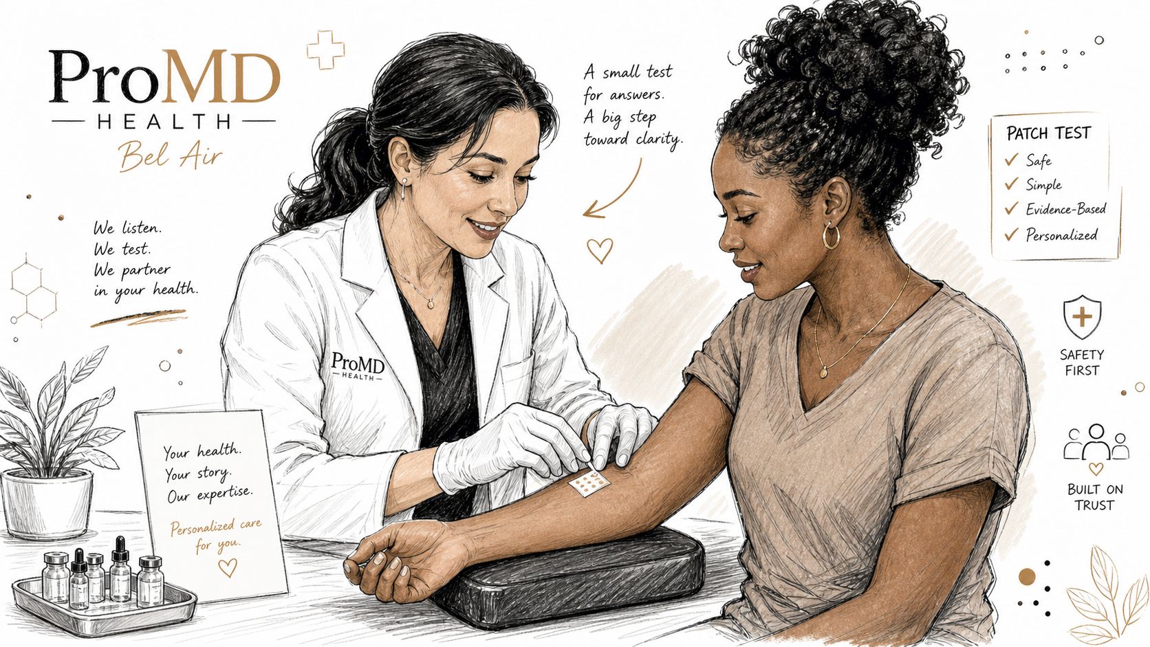 A doctor applying a patch test to a patient's arm during a personalized medical consultation session.