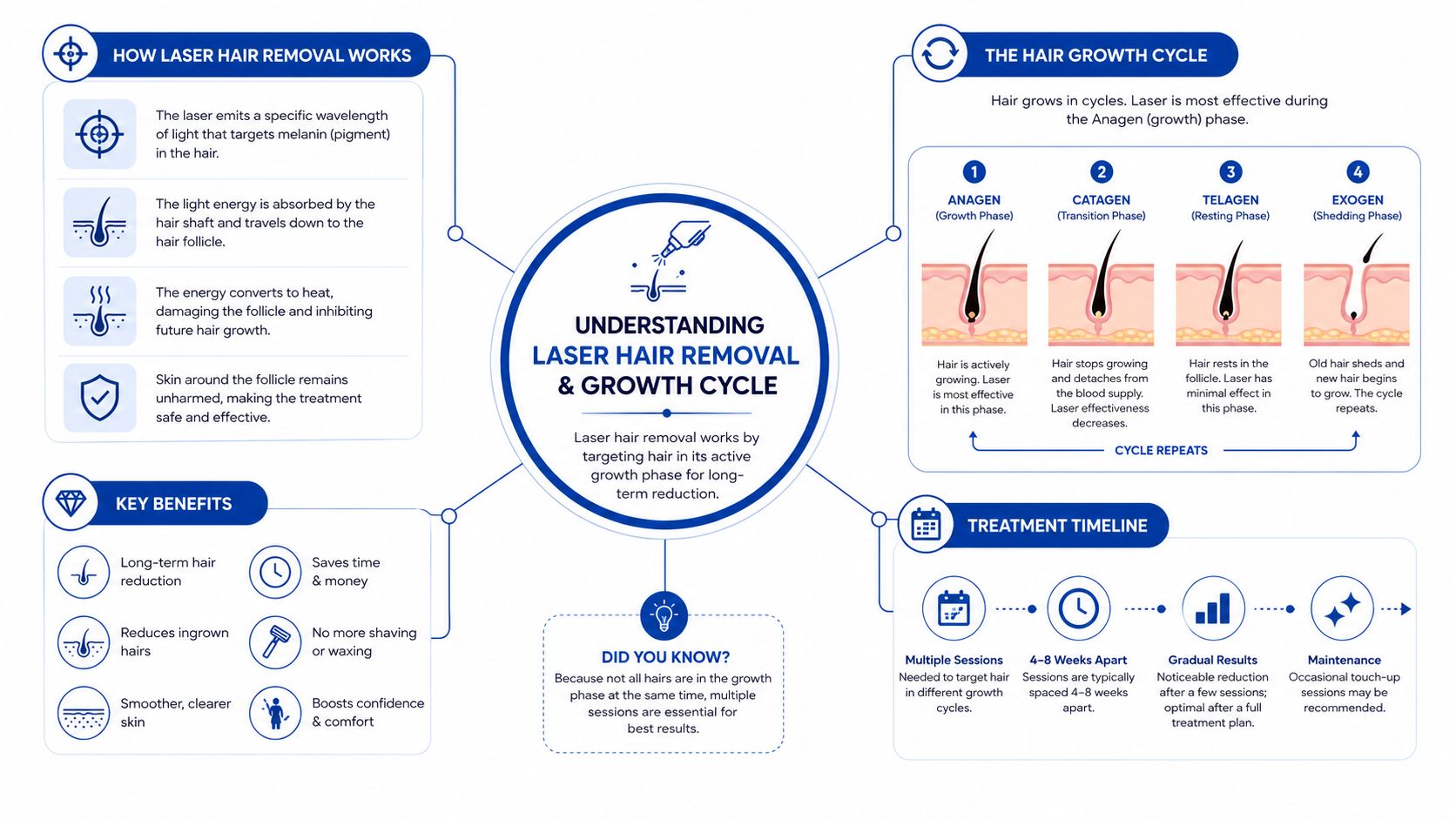 An infographic explaining how laser hair removal works, the hair growth cycle, benefits, and treatment timelines.