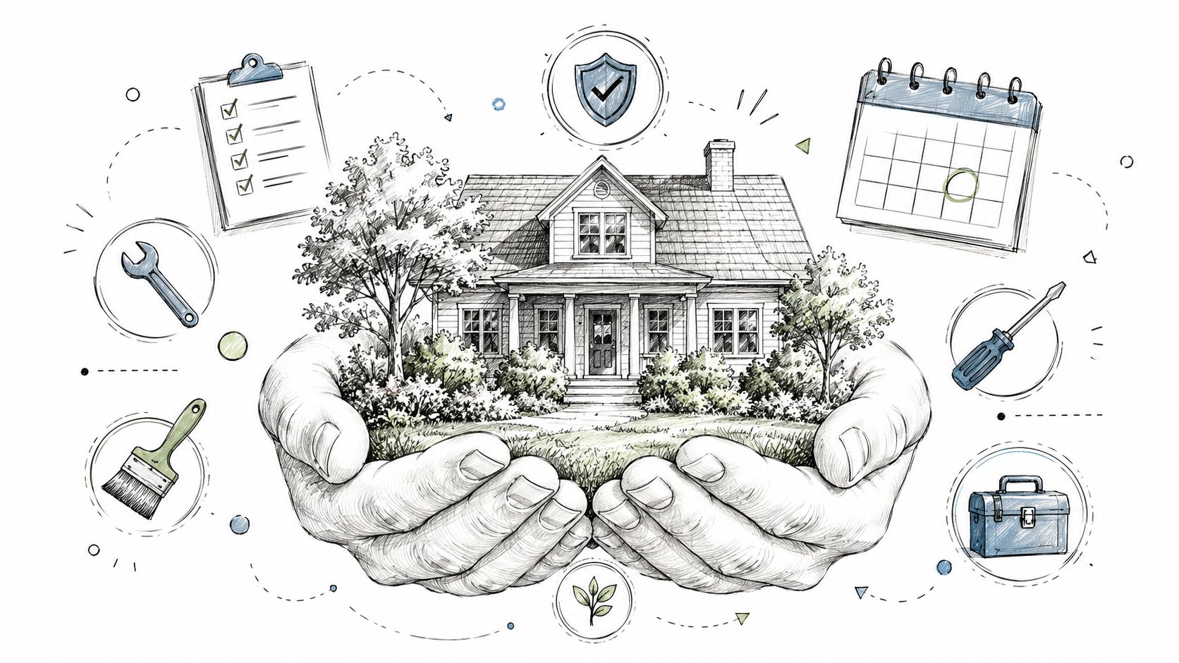 A detailed illustration of a house nestled in hands, surrounded by maintenance and planning icons.