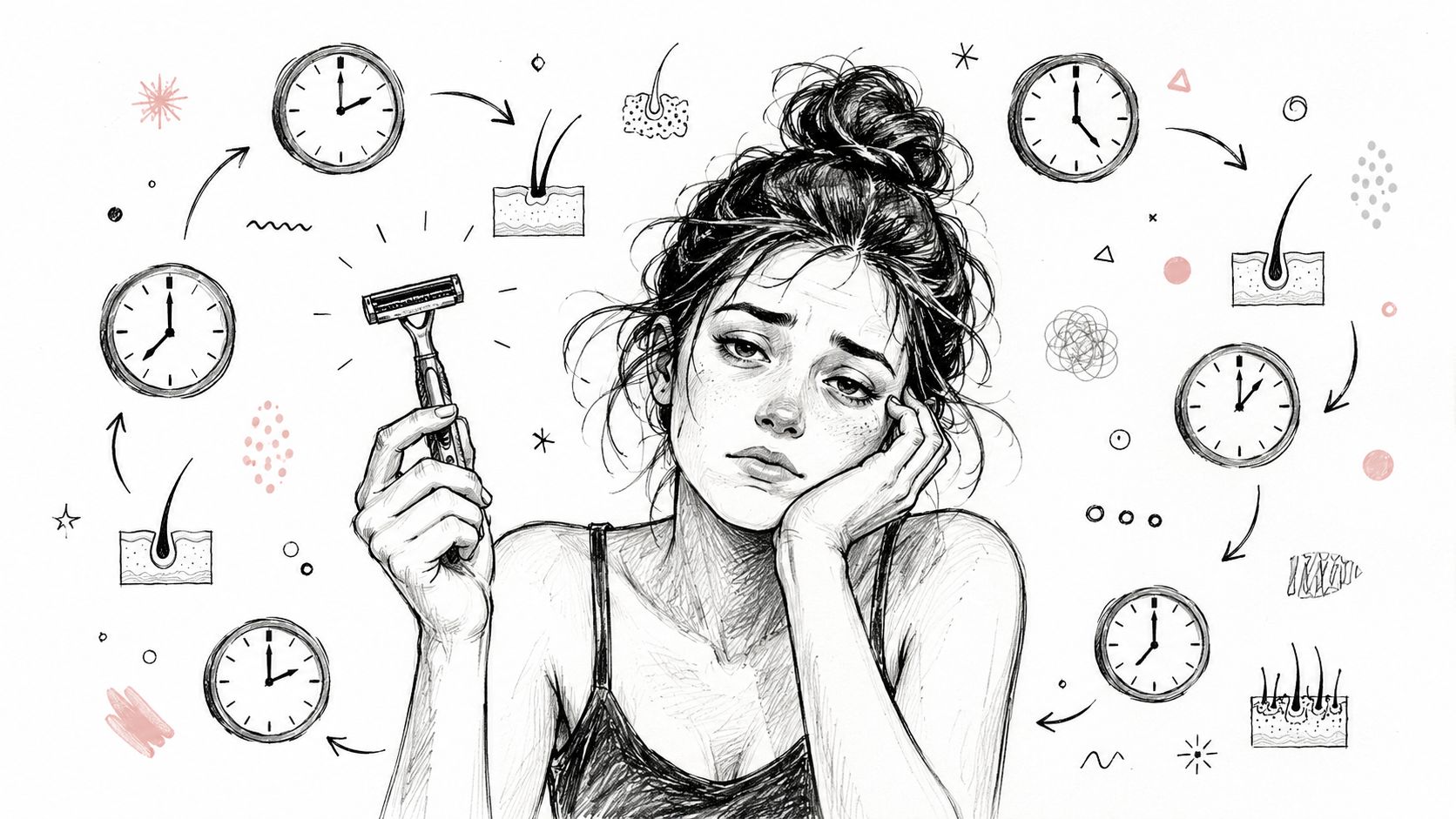 A tired woman holding a razor with various clocks and hair growth diagrams around her.