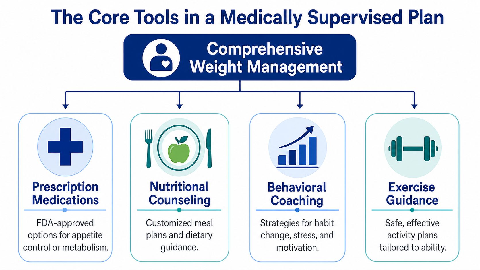A diagram illustrating the four core components of a medically supervised weight management program for patients.