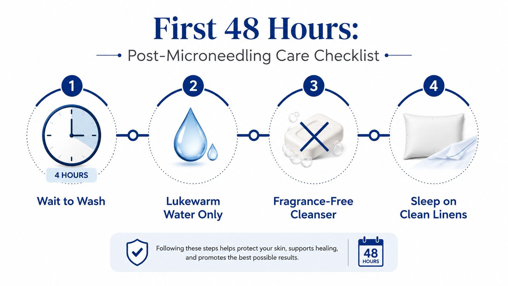 A four-step infographic showing post-microneedling care instructions for the first 48 hours after treatment.