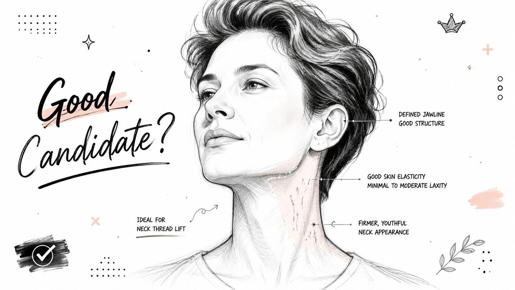 A sketched illustration showing a woman as an ideal candidate for a neck thread lift procedure.