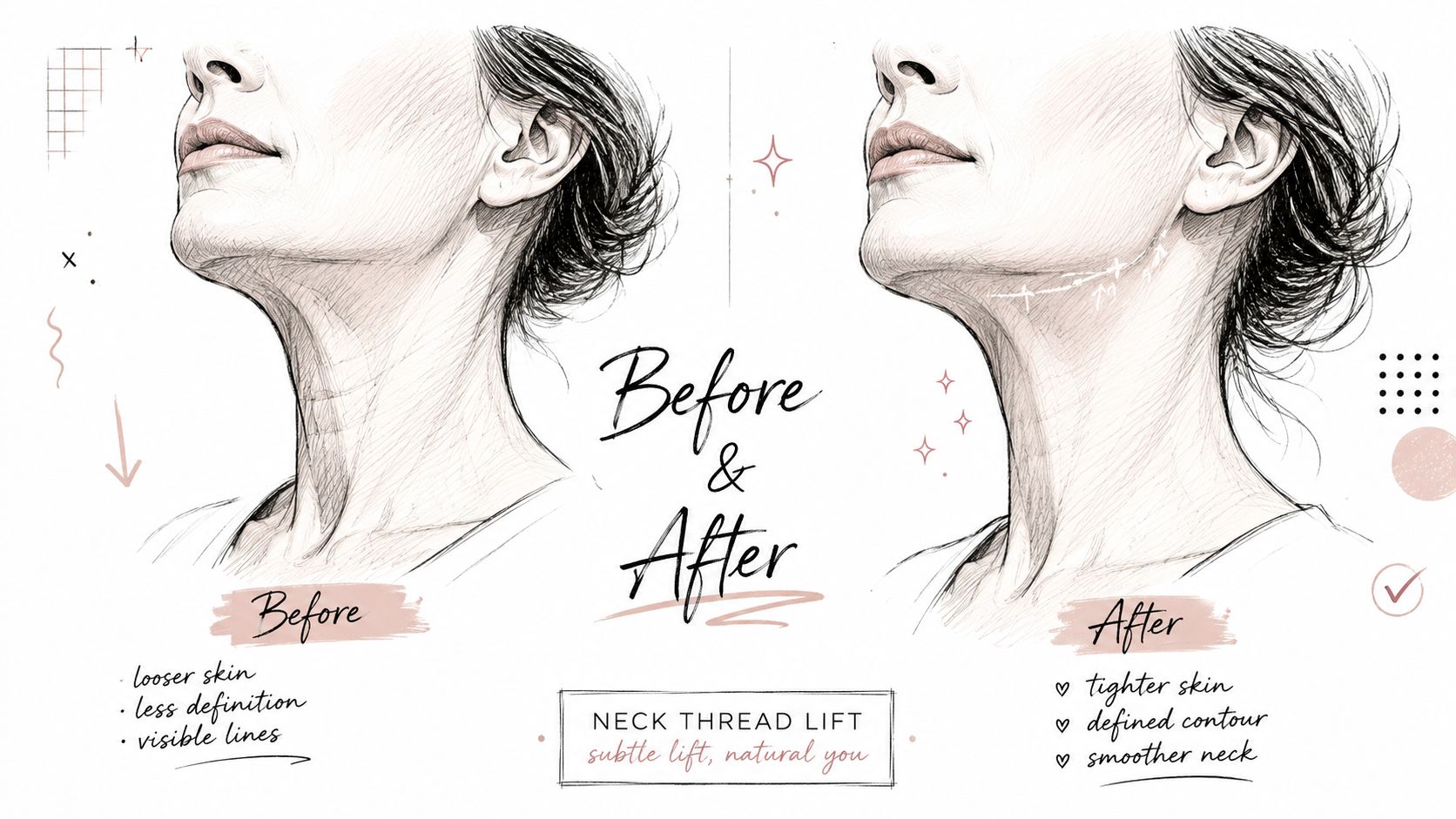 A conceptual illustration comparing neck skin appearance before and after a cosmetic thread lift treatment procedure.