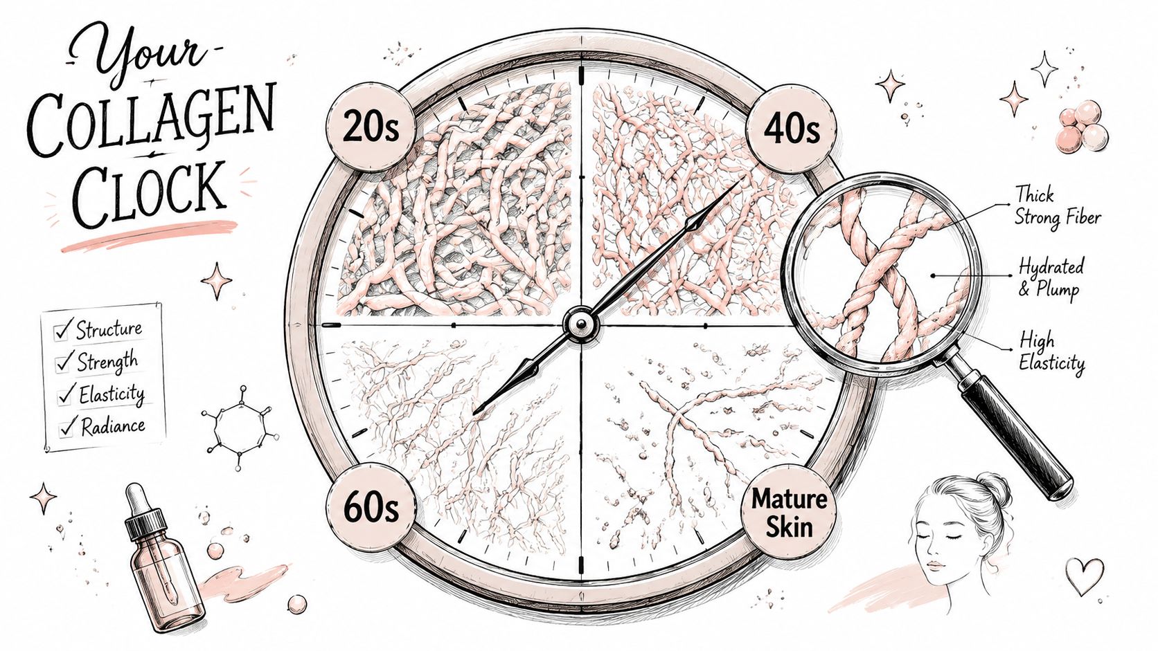 A diagram illustrating the natural decline of skin collagen fibers over time from the twenties to maturity.