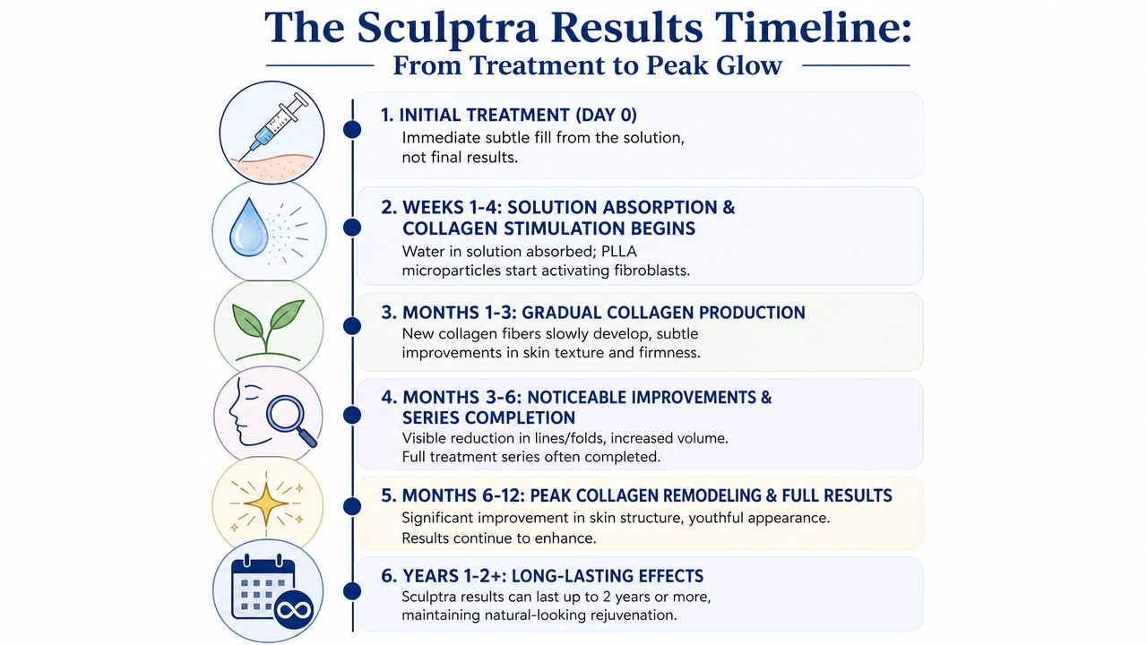 A timeline graphic showing the stages of Sculptra aesthetic treatment results from day zero through two years.