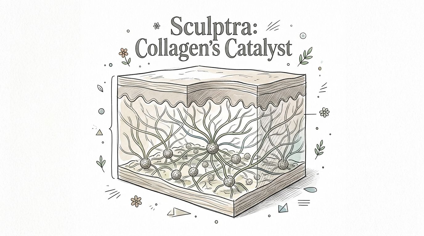 A diagrammatic illustration of skin anatomy showing Sculptra acting as a catalyst for new collagen production.