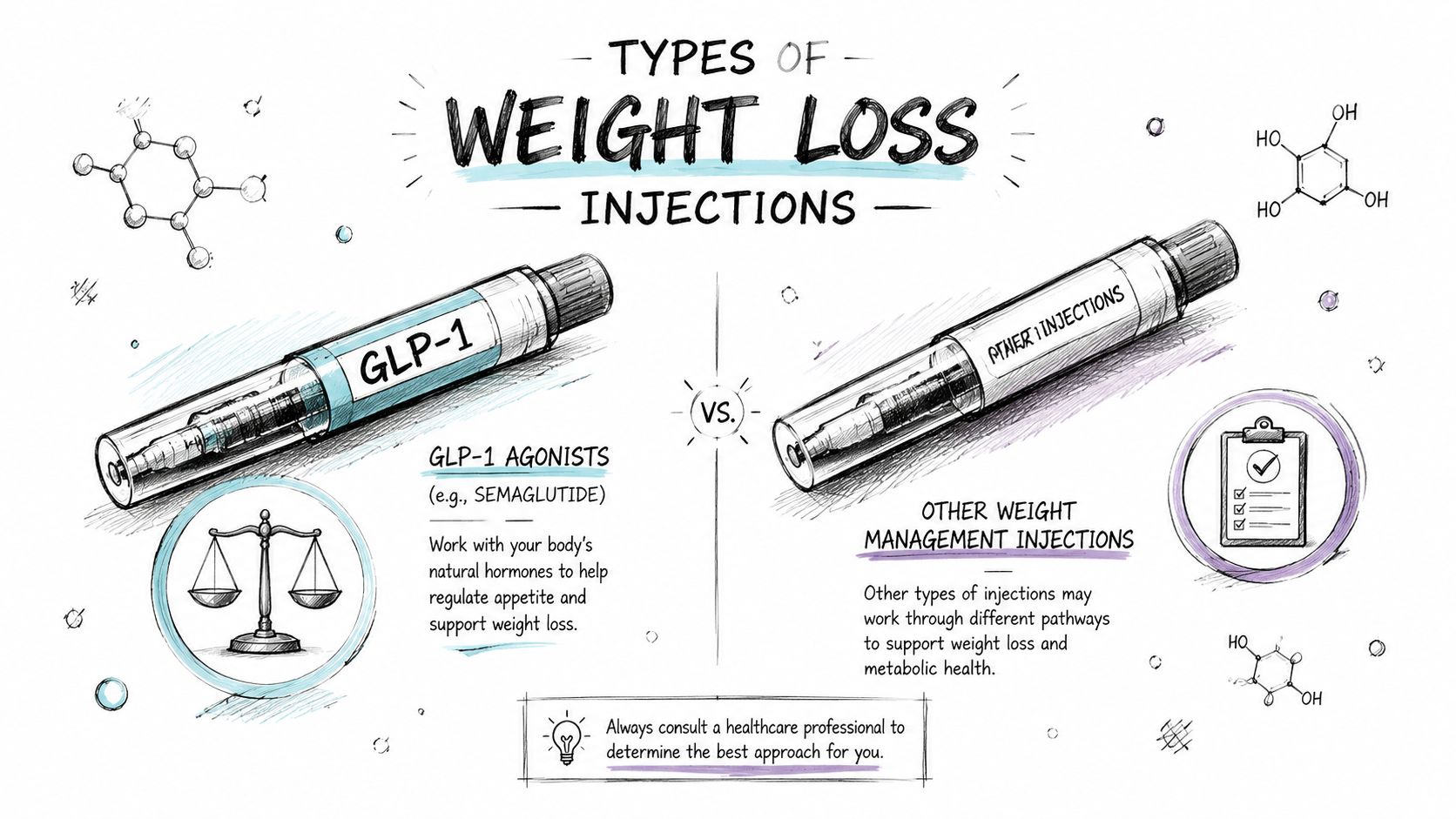 A hand-drawn illustration comparing GLP-1 agonist injections and other weight management injections for weight loss.