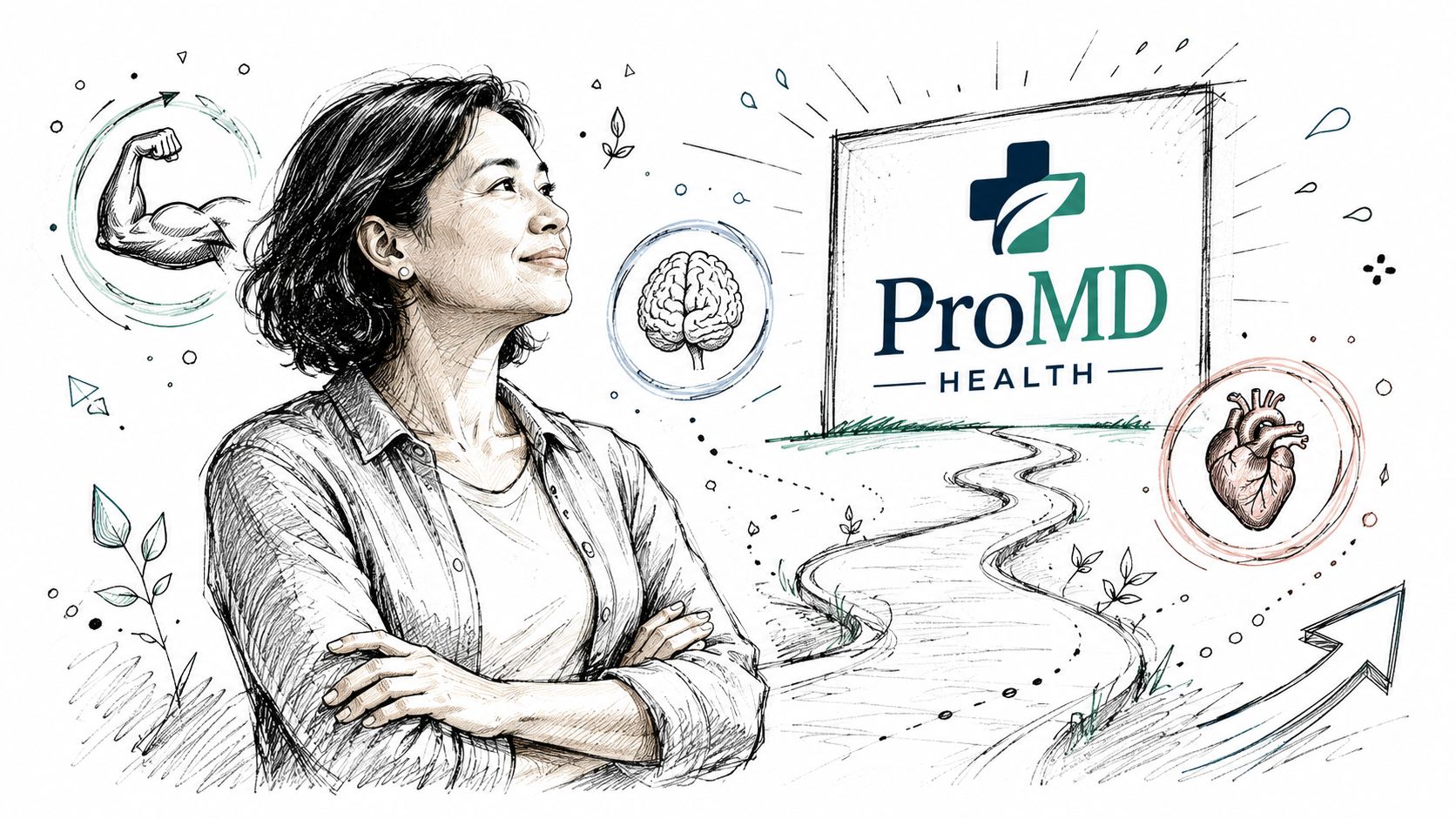 A woman looks toward the ProMD Health brand logo surrounded by illustrations of health, fitness, and vitality.