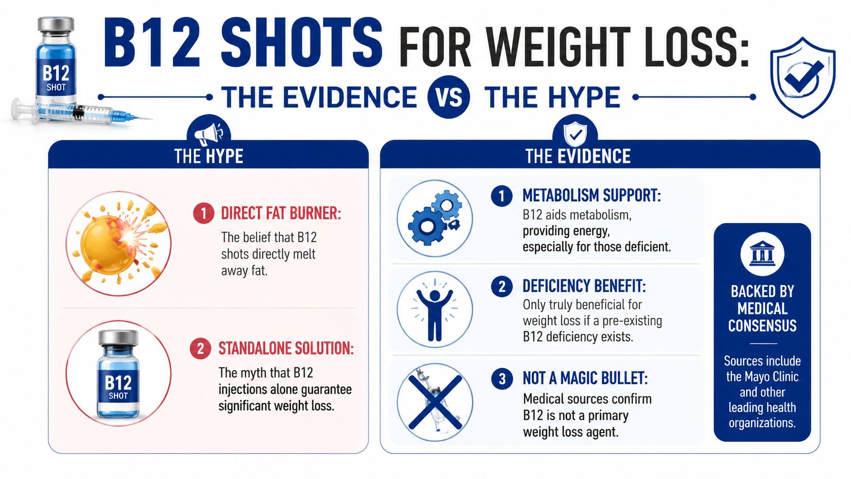 An infographic titled B12 Shots for Weight Loss comparing the popular myths to the medical evidence.