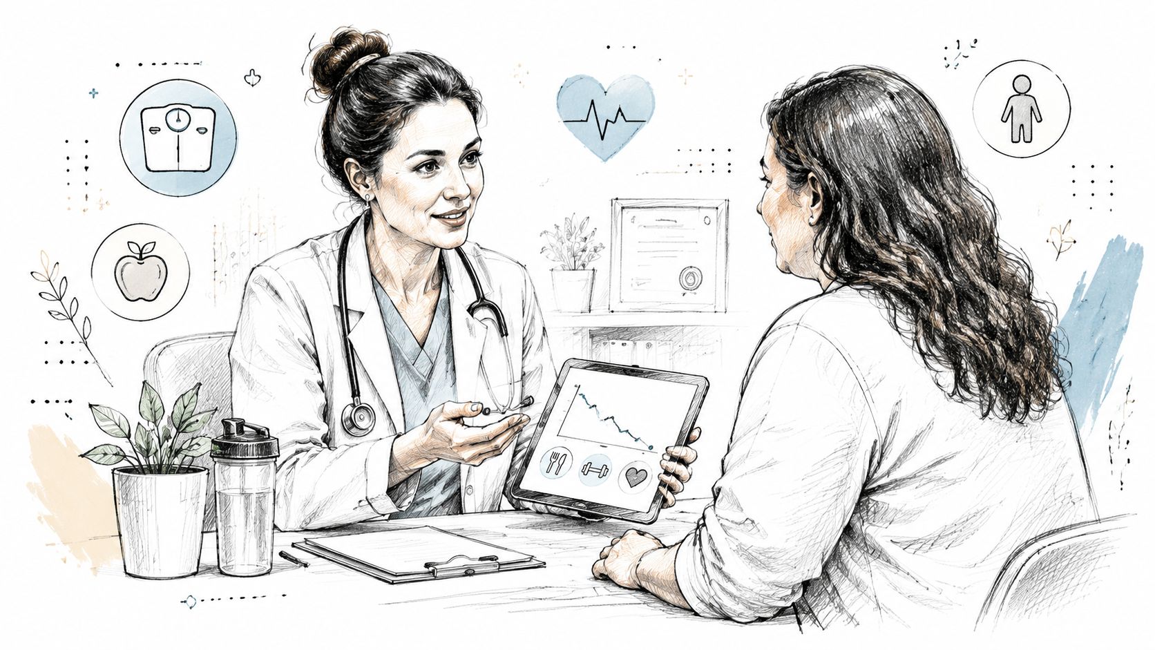 A female doctor discusses weight loss progress on a tablet with her patient in a clinic office.