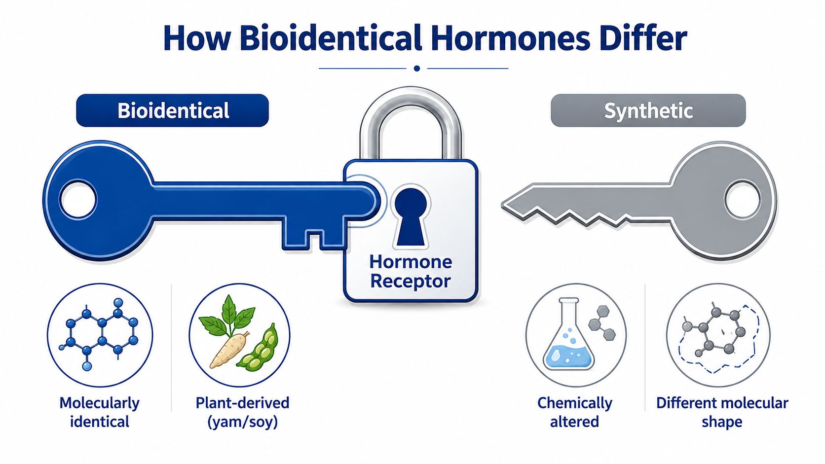 A diagram comparing bioidentical hormones and synthetic hormones using a lock and key analogy for receptor interaction.