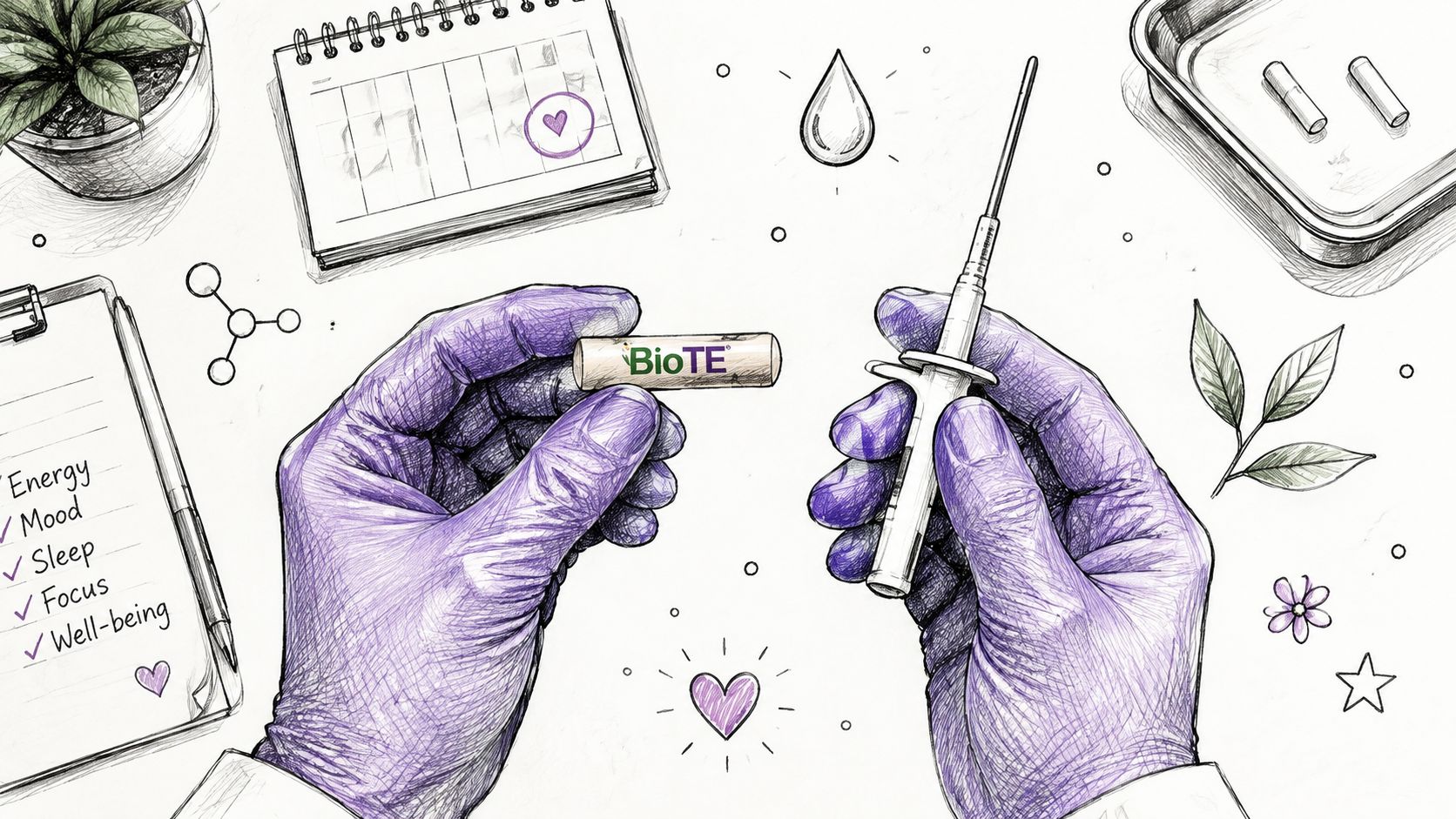A gloved practitioner prepares a BioTE hormone pellet for insertion using a sterile medical syringe.